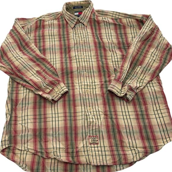 Tommy Hilfiger Shirt Mens X Large Tan Red Green Plaid Button Down Cotton Flannel - Picture 1 of 6